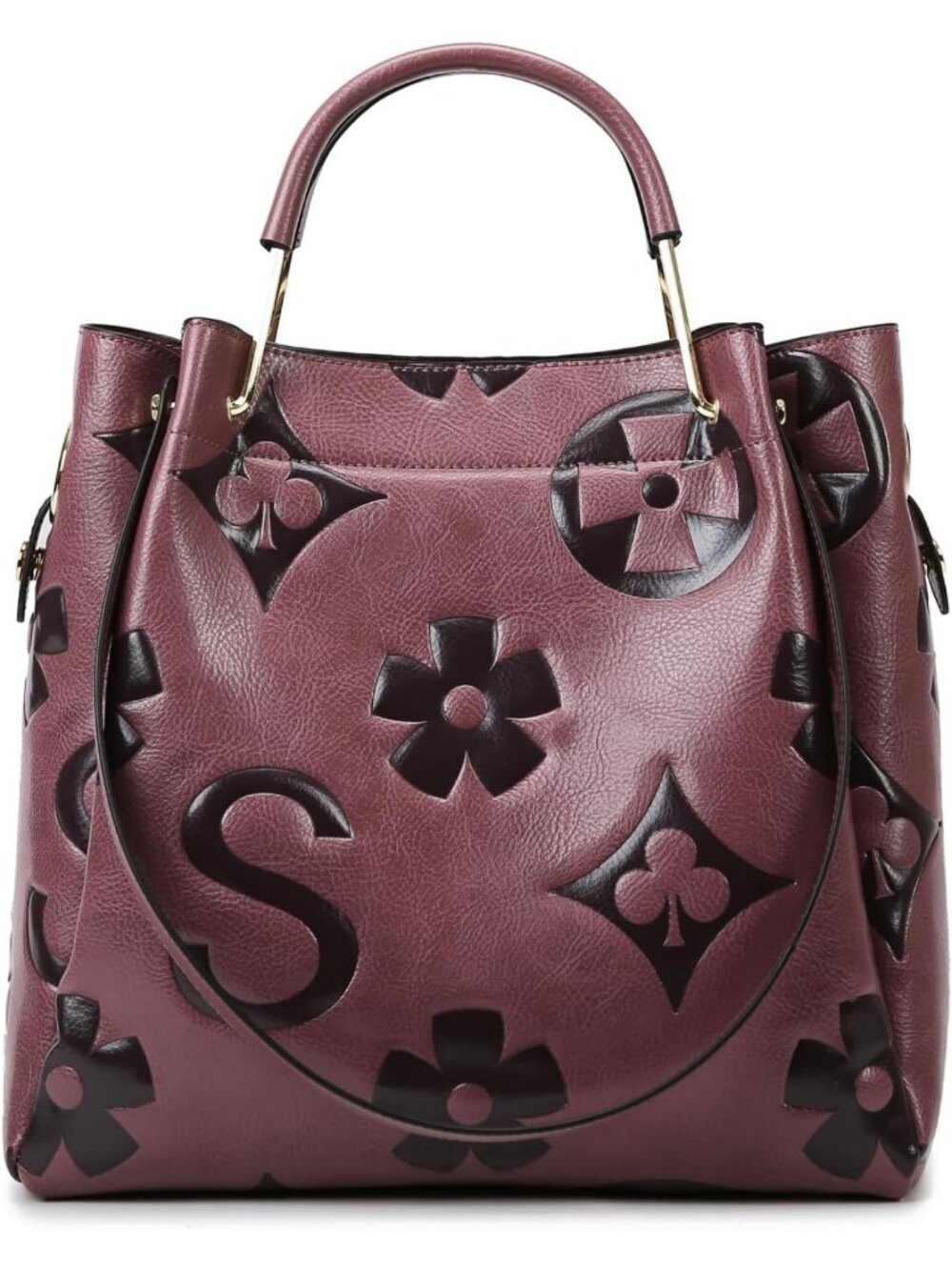 Floral Embossed Vegan Leather Handbag Set - Large Shoulder & Bucket Tote for